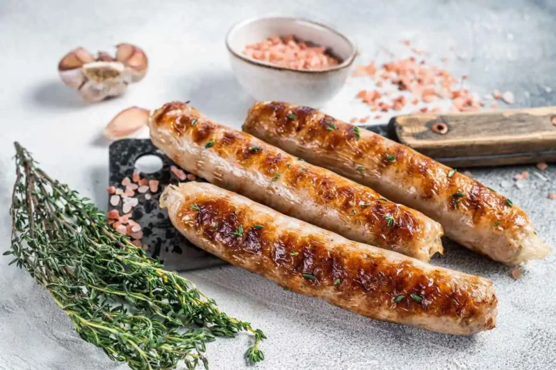 Golden-brown grilled Healthy chicken sausages garnished with fresh thyme, served on a rustic backdrop with Himalayan salt and garlic cloves.