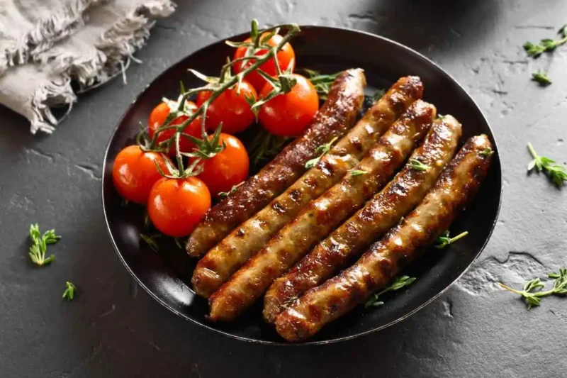 Grilled chicken sausages served with vine-ripened cherry tomatoes and fresh herbs on a black plate, perfect for a hearty meal.