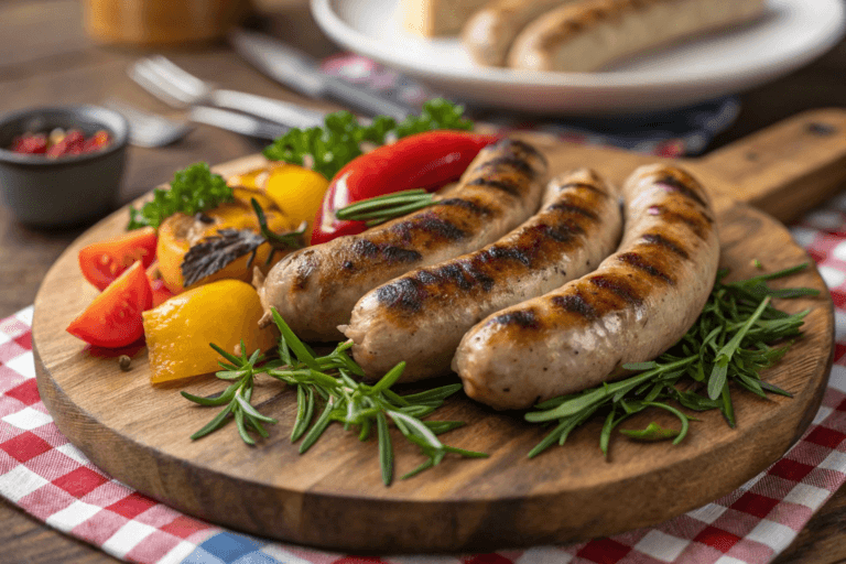 Grilled chicken sausages served with fresh vegetables and herbs on a plate.