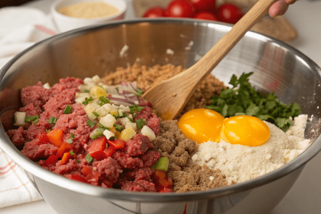 "Meatloaf mixture with ground beef, breadcrumbs, and seasonings being mixed in a bowl."