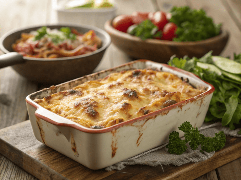 Golden-brown spaghetti casserole with bubbling cheese and parsley on a rustic table with salad and wine.