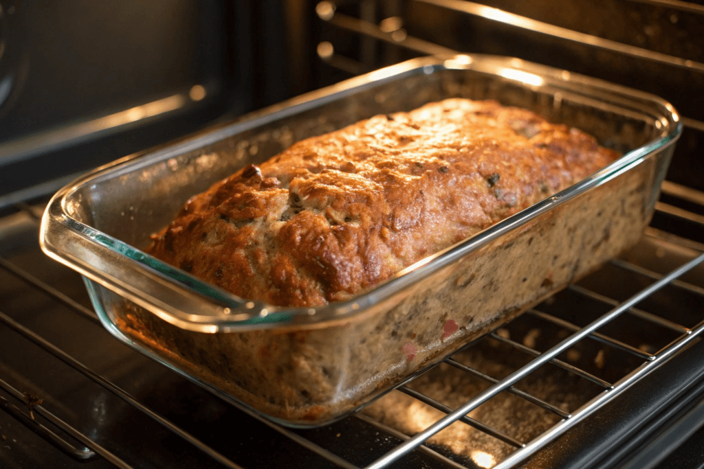 "Meatloaf baking in a Pyrex loaf pan inside the oven, showing the even cooking process."