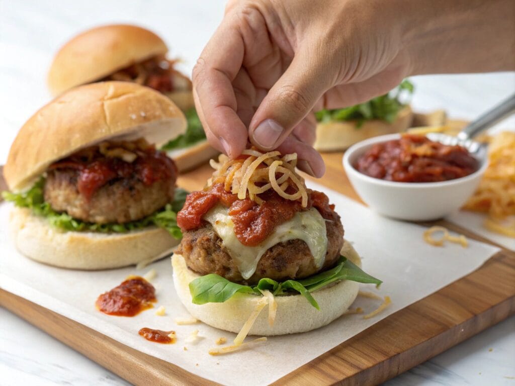 Hands placing a cooked meatball inside a slider bun with cheese and marinara sauce.