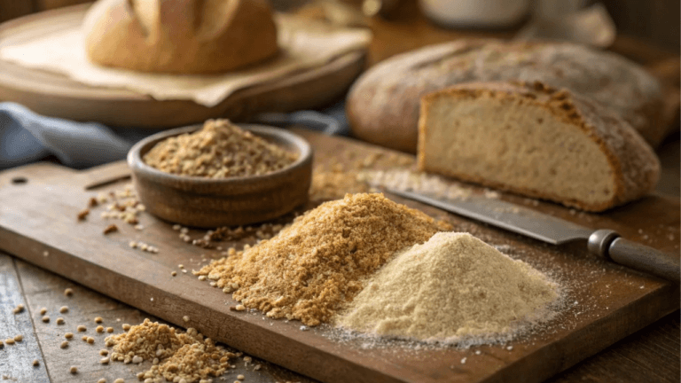 Meatloaf slice on a plate with breadcrumbs in a bowl, highlighting an essential ingredient.