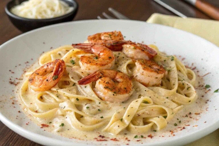 A delicious plate of Cajun Shrimp Alfredo featuring creamy fettuccine pasta coated in a rich Alfredo sauce, topped with spicy, perfectly seared shrimp.