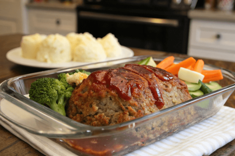 "Freshly baked meatloaf in a Pyrex dish with a golden crust and juicy interior, served with mashed potatoes and vegetables."