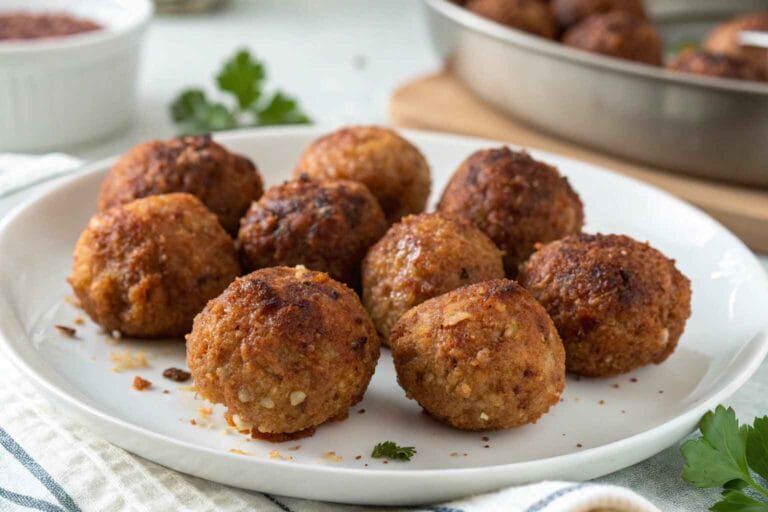 Golden-brown cooked meatballs fresh from the air fryer