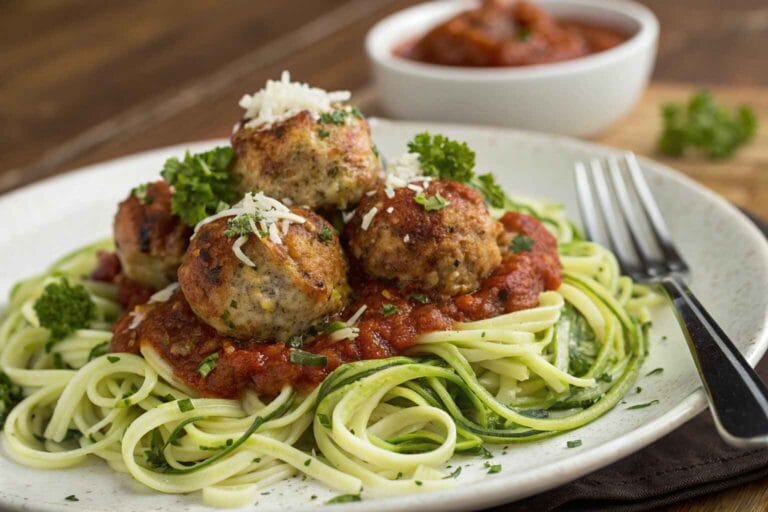 Cooked gluten free meatballs served with zoodles and marinara sauce, garnished with parsley and Parmesan cheese