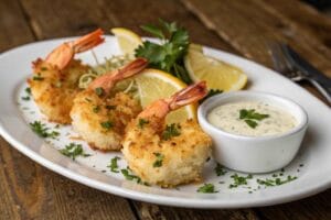Gourmet stuffed shrimp with fresh parsley and lemon slices on a rustic table.