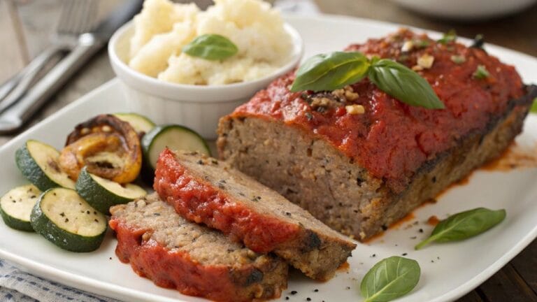 A slice of Italian meatloaf topped with tomato sauce and basil, served with mashed potatoes and grilled vegetables.