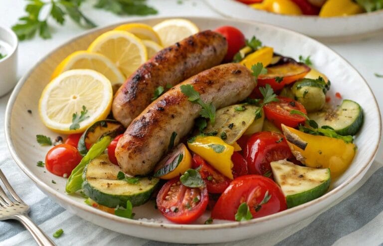 Grilled chicken sausages served with roasted vegetables.