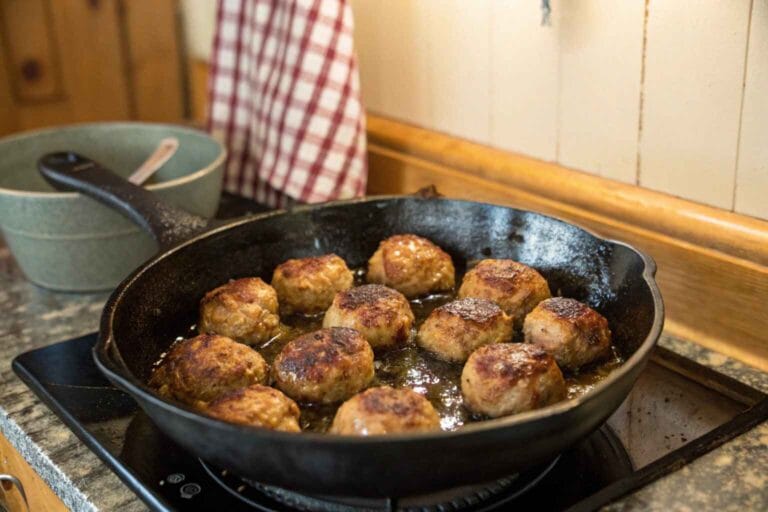 Swedish Meatballs frying in a cast iron skillet.