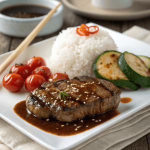Japanese Hambāgu served with soy gravy, steamed rice, and sautéed vegetables on a modern ceramic plate.