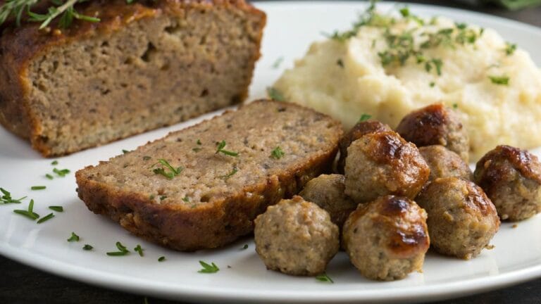 A plate featuring a slice of juicy meatloaf alongside savory meatballs, showcasing the differences in texture and presentation.