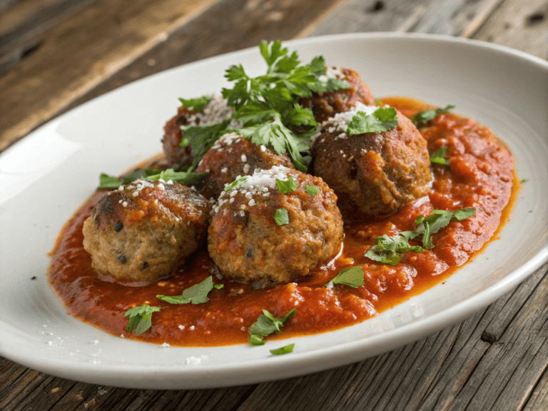 Juicy meatballs with marinara sauce and Parmesan.