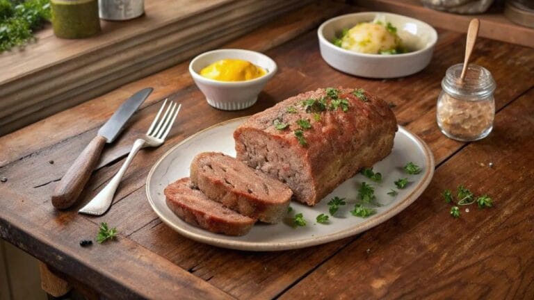 Sliced meatloaf garnished with parsley, served with mashed potatoes and gravy.