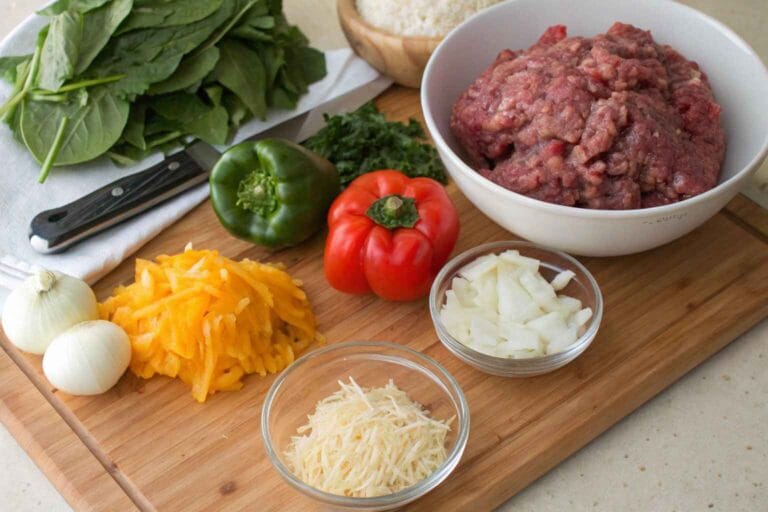 Ingredients for meatball recipe without breadcrumbs, including meat, cheese, and vegetables.