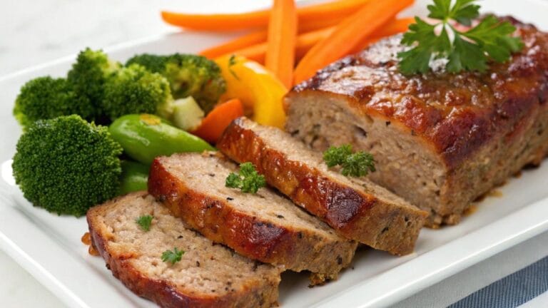 A slice of low-calorie meatloaf served on a plate with steamed vegetables, perfect for a weight-loss-friendly meal.