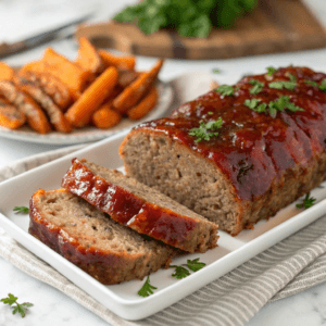 Traditional meatloaf with ketchup glaze, sliced on a serving plate with herbs for garnish.