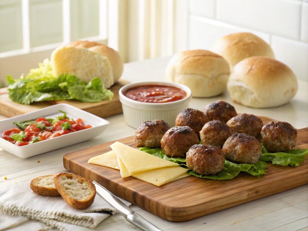 Ingredients for meatball sliders including meatballs, slider buns, lettuce, cheese, and marinara sauce.