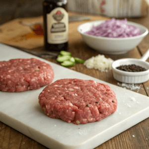 Raw ground beef patties on a wooden board with onions and seasonings for Salisbury steak.
(Difference Between Meatloaf and Salisbury Steak)