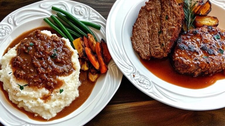 Salisbury steak and meatloaf side by side with classic sides.