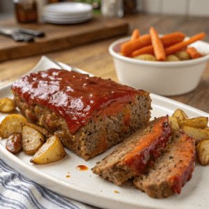 "Slice of meatloaf with a shiny glaze, served with roasted carrots and potatoes."