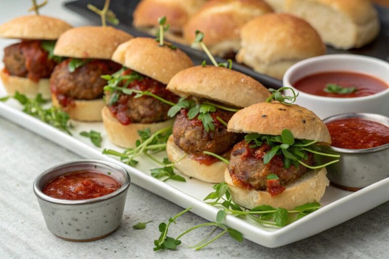 A platter of finished meatball sliders garnished with fresh herbs and served with dipping sauces.