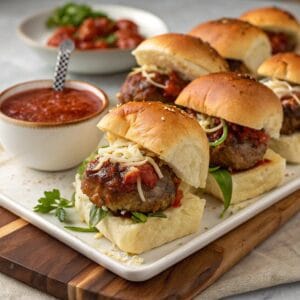 A platter of finished meatball sliders garnished with fresh herbs and served with dipping sauces.
