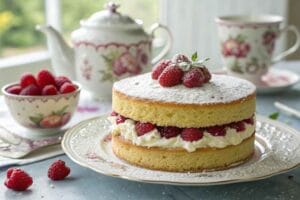 Victoria sponge cake with cream and raspberry jam, topped with powdered sugar, served with fresh raspberries and a teapot.