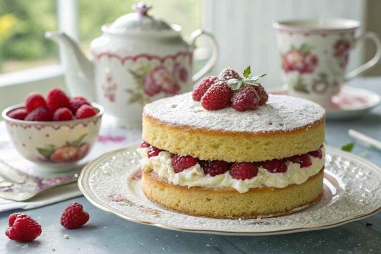 Victoria sponge cake with cream and raspberry jam, topped with powdered sugar, served with fresh raspberries and a teapot.