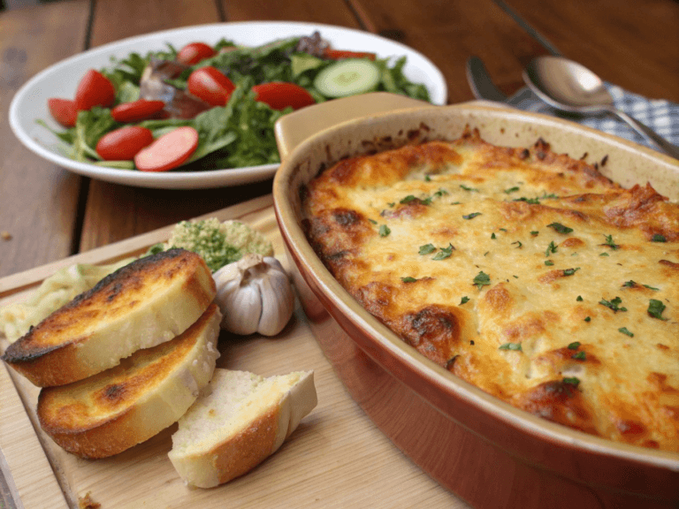 Freshly baked casserole with a golden cheese crust, garlic bread, and salad on a rustic table.