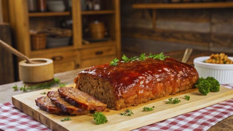 A freshly baked chicken meatloaf, golden brown on top, sliced to reveal its juicy, flavorful interior, garnished with parsley.