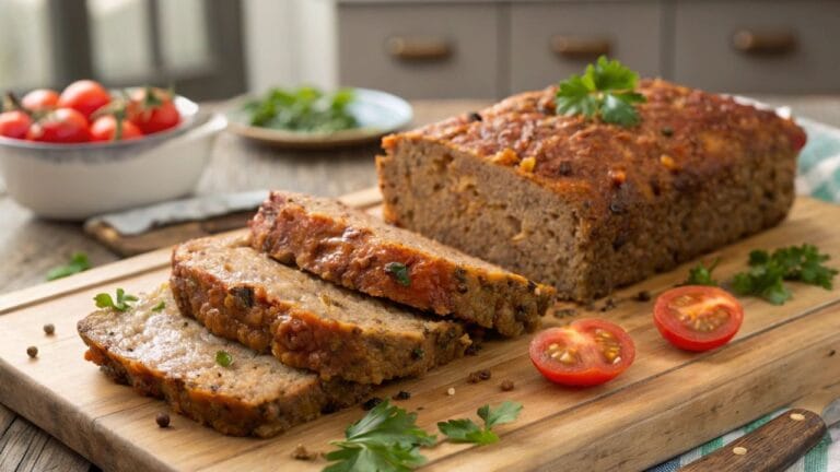 A hearty slice of meatloaf made with lentils, garnished with fresh herbs and served alongside roasted vegetables.