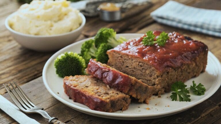 A beautifully plated traditional meatloaf dish with mashed potatoes, gravy, and vegetables, showcasing its hearty and comforting appeal.