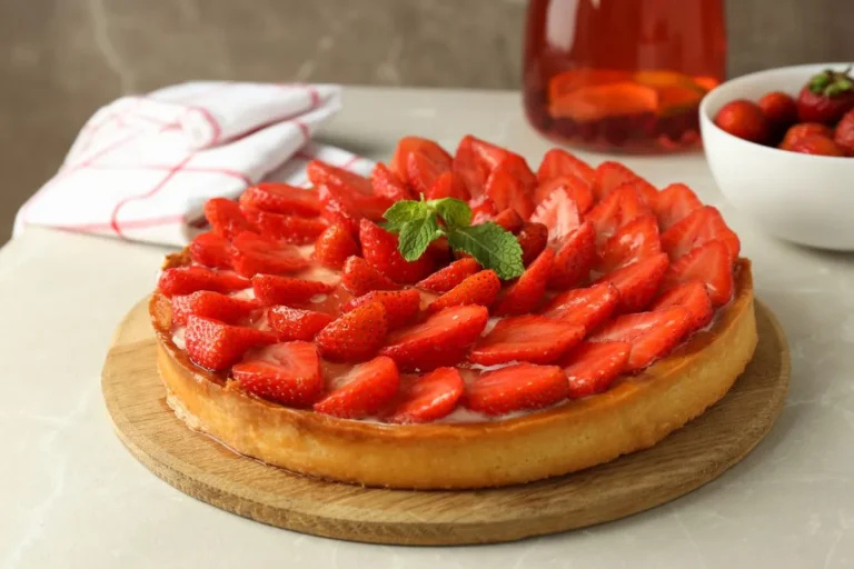 Whole strawberry cheesecake with a layer of fresh strawberries arranged on top, garnished with mint.