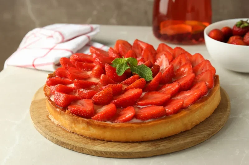 Whole strawberry cheesecake with a layer of fresh strawberries arranged on top, garnished with mint.