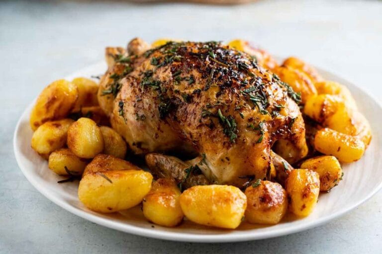 Roasted whole chicken with crispy golden potatoes and herbs on a white plate, ready to serve.