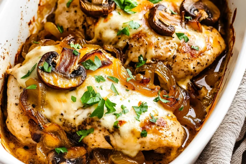 Baked Chicken With Mushrooms Recipe Juicy baked chicken breasts topped with melted cheese, caramelized onions, and sautéed mushrooms in a white baking dish.
