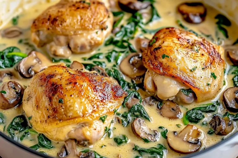 Juicy chicken thighs in a creamy garlic butter sauce with sautéed mushrooms and spinach in a white skillet.