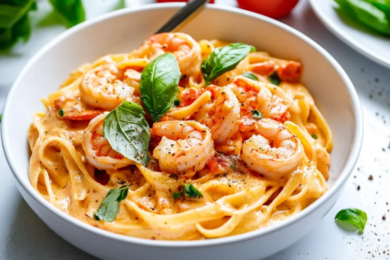 A bowl of creamy Tuscan shrimp pasta with linguine, juicy shrimp, and a rich tomato-cream sauce, garnished with fresh basil and black pepper.