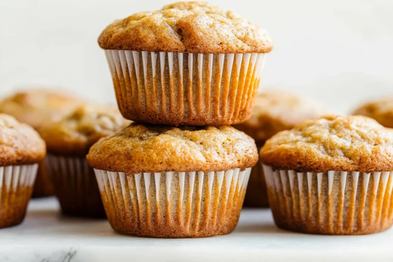 A stack of freshly baked banana bread muffins with a golden-brown crust, set on a white surface with additional muffins in the background.