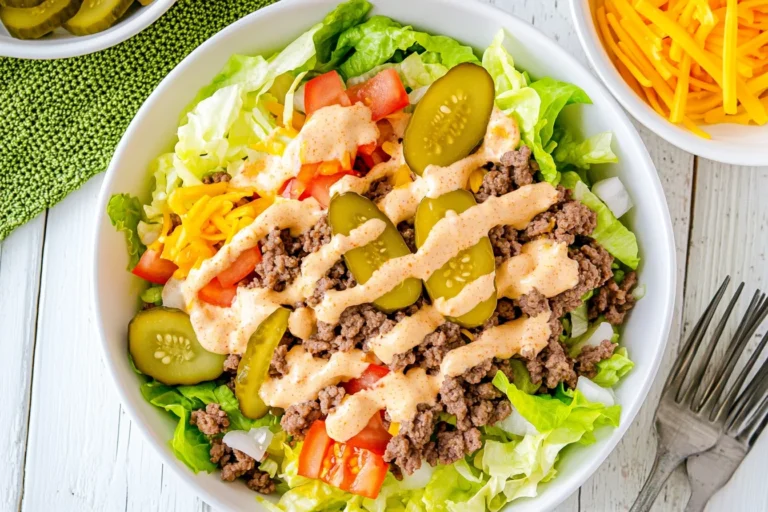 Big Mac Salad Recipes (A wooden bowl filled with Big Mac salad, made with crisp lettuce, seasoned ground beef, shredded cheese, pickles, tomatoes, red onions, and a creamy special sauce dressing.)
