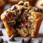 A close-up of a freshly baked banana chocolate chip muffin with a bite taken out, revealing its moist texture and melted chocolate chips.