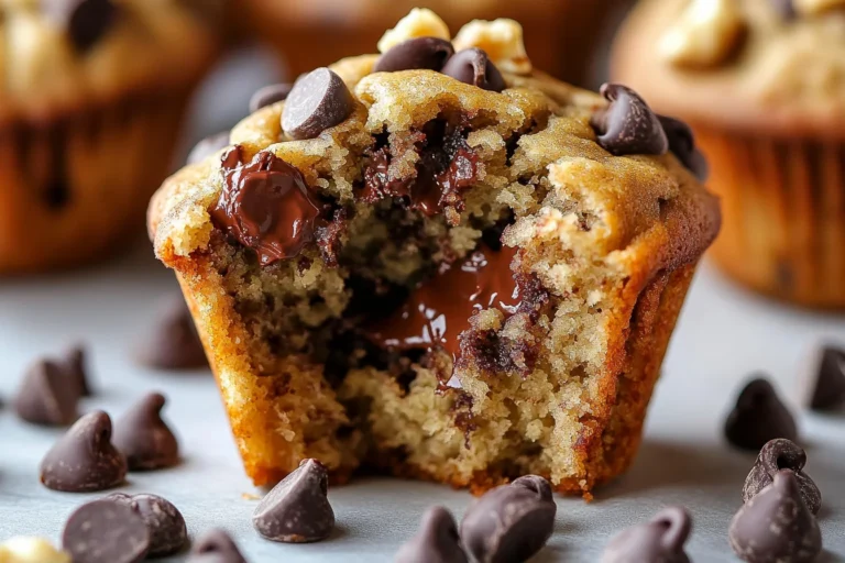 A close-up of a freshly baked banana chocolate chip muffin with a bite taken out, revealing its moist texture and melted chocolate chips.