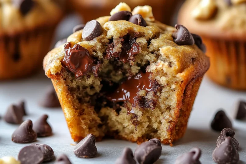 A close-up of a freshly baked banana chocolate chip muffin with a bite taken out, revealing its moist texture and melted chocolate chips.