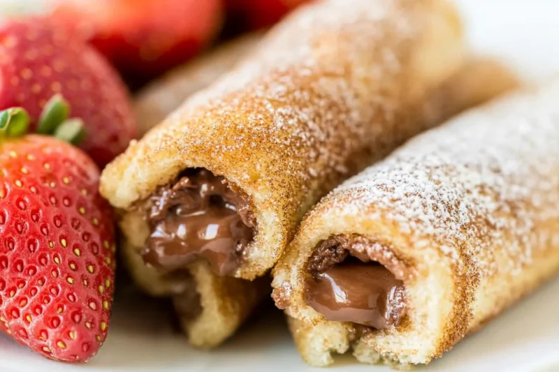 Close-up of Nutella-filled French toast roll-ups coated in cinnamon sugar, with melted chocolate oozing out, served with fresh strawberries.