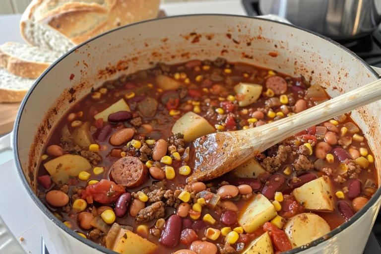 A simmering pot of Texas cowboy stew with ground beef, sausage, beans, potatoes, and vegetables, stirred with a wooden spoon, with a loaf of bread in the background.