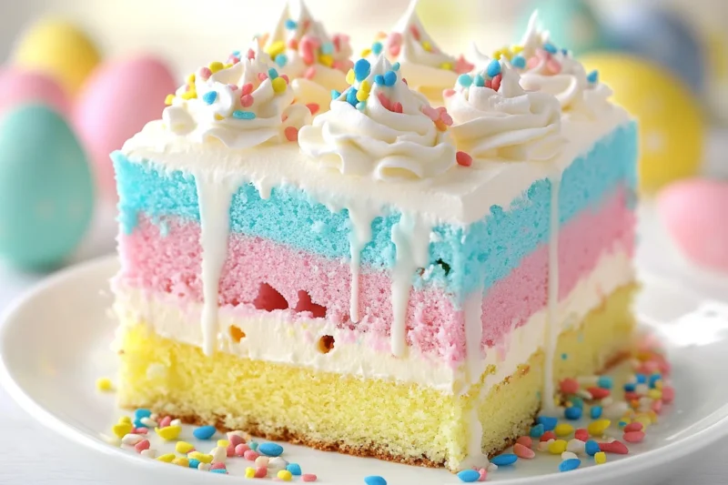 Easter Bunny Poke Cake (A festive Easter poke cake with pastel-colored layers, whipped cream swirls, white chocolate drizzle, and colorful sprinkles.)