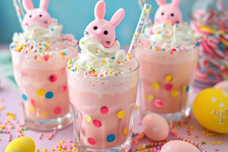 Easter Bunny Punch (A festive pink Easter punch in decorated glasses, topped with whipped cream and pink marshmallow bunny candies, with colorful sprinkles on the rim)